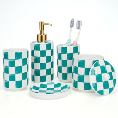 Ceramic Bathroom Soap Dispenser Set, Checkered Bathroom Vanity Set with Lotion Pump, Toothbrush Holder, Soap Dish & Storage Jar, Modern Bathroom Sink Accessories (Green) - style: Green