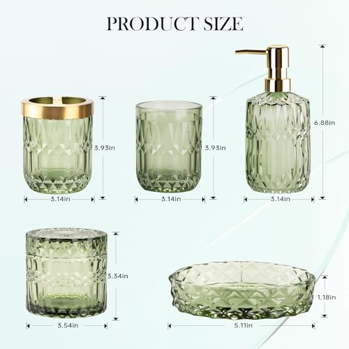 Bathroom Accessory Set 5 Pcs, Glass Bathroom Set Include Soap Dish, Toothbrush Holder, Mousewash Cup, Soap Dispenser, Cotton Swab Jar, Green - color: Green, style: 5 Pack