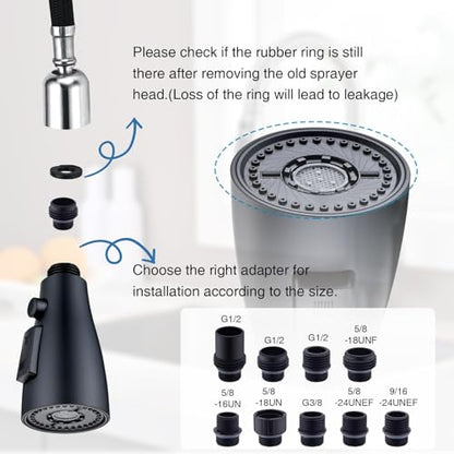 Stainless Steel Kitchen Faucet Head Replacement Matte Black 3-Function Kitchen Sink Sprayer replacement for Most Pull-out Kitchen Faucet, High Pressure Sink Spray Head with 9 Adapters & Faucet Aerator - color: ‎Matte Black