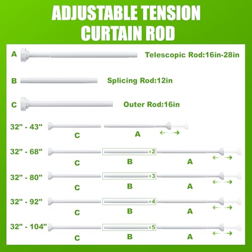 Ausemku Shower Curtain Rod - 32-92 Inch Rustproof Tension Rod, Non-Slip Spring Design, No Drilling Adjustable Curtain Rod for Bathroom, Kitchen, and Closet（White） - color: White, size: 32-92 IN