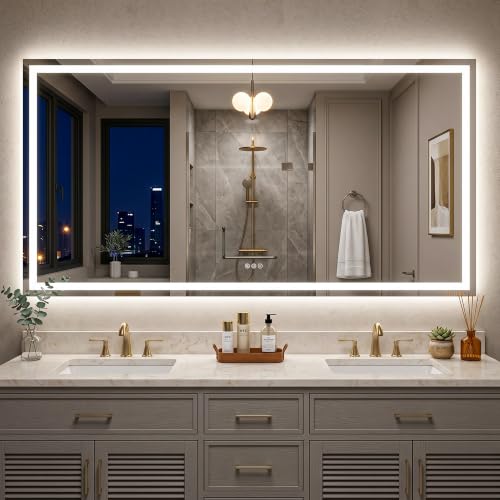Antok 60x28 LED Bathroom Mirror with Lights, Backlit + Front Lit Vanity Mirror with CRI>90, Dimmable Anti-Fog Smart Mirror with Memory Function, 3 Color Temperatures, Shatterproof Tempered Glass, ETL - color: White (3 Light Modes), size: 60"L x 28"W