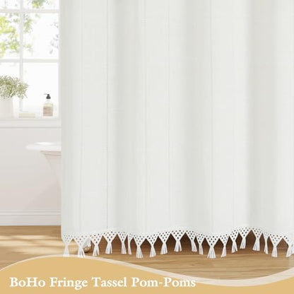 Small Stall Linen Farmhouse Shower Curtain with Tassel, Modern Boho French Country Chic Bathroom Shower Curtain Set with PEVA Liner, Cotton Luxury Fabric Shower Curtain 36x72 - White - color: White, size: 36"W x 72"L (Pack of 1)