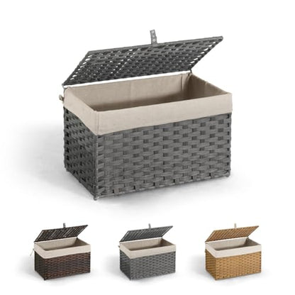 CAPHAUS Laundry Basket with Lid & Handles, Foldable Clothes Hamper, Large 65L Synthetic Rattan Storage Bin with 2 Removable Liner Bags, Collapsible Laundry Hamper, Grey - color: Grey, size: 17.2 Gal (65L)