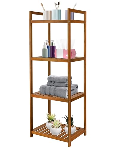 Utoplike Teak Wood Bathroom Shelf Organizer Stand, Standing Shower Caddy | Freestanding 4 Tier Bath Storage for Floor, Kitchen, Office