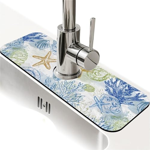 Kitchen Sink Splash Guard，Colored coral starfish-1 Faucet Mat Sink Gadgets-Super Absorbent Fast Drying Mat Drip Catcher for Kitchen, Bathroom,Sink Mat, Dish Drying Mat, Bathroom(15" X 5.5" ) - color: Colored coral starfish-1
