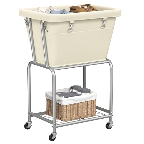 ELYKEN Rolling Laundry Hamper with Wheels, Removable Bag, Laundry Cart | Heavy Duty Metal Frame, 2-Tier Clothes Basket with Shelf, Ideal for Closet, Bedroom, Bathroom & Laundry Room - color: Cream, size: 20.3"L x 15.9"W x 30.9"H