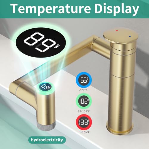 Bathroom Faucet 1 Hole with Temperature Display, Brushed Gold | Batteries-Free, 1080° Rotatable Single Hole Bathroom Faucet, Single Handle Bathroom Vanity Faucets, 2 Spray Modes - color: Brushed Gold