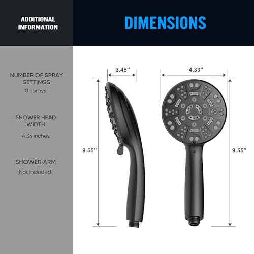 Cobbe 8-Setting Handheld Shower Head, Water-Saving Design, Matte Black | Trickle Pause Mode, 5ft Stainless Steel Hose, Brass Swivel Bracket, Tool-Free Installation - color: Matte Black