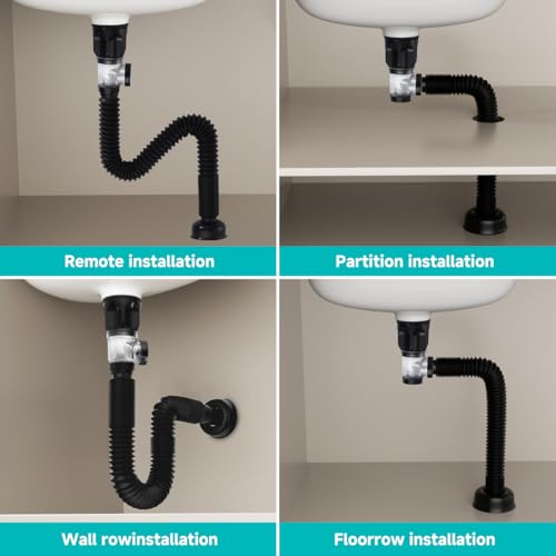 Bathroom Sink P trap with Overflow Drain - TSIBOMU Flexible Sink Drain Pipe for Basin drain replacement,Fits 1-1/4",1-1/2"and 2" Holes,Matte Black - color: Matte Black, style: With Overflow