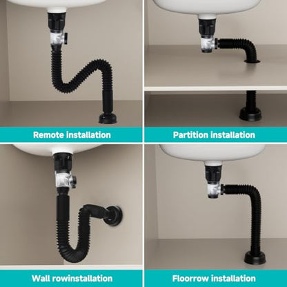 Bathroom Sink P trap with Overflow Drain - TSIBOMU Flexible Sink Drain Pipe for Basin drain replacement,Fits 1-1/4",1-1/2"and 2" Holes,Matte Black - color: Matte Black, style: With Overflow