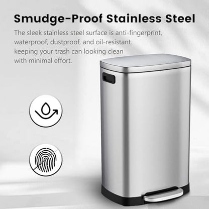 ELPHECO Kitchen Trash Can with Lid 13 Gal Stainless Steel Pedal Garbage Can | Soft Close Lid, Pedal, Heavy-Duty Fingerprint Proof Step Wastebasket with 20 Bags, Removable Bucket, Home Office, Silver - color: Silver