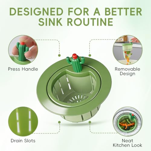 Cactus Sink Strainer Basket, Press to Dump Basket Waste Collector, Multifunctional Cute Kitchen Sink Drain Strainer, No Touch Food Waste Remover for Clogged Drains, Fun Sink Accessory