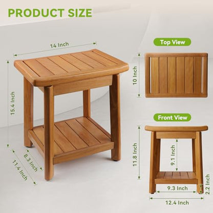 Teak Shower Bench for Inside Shower, Waterproof Wooden Shower Stool | Shower Stool with Storage Shelf, Non Slip Bathroom Seat for Safe Bathing & Daily Support, Compact Spa Shower Bench (14 Inch) - size: 14"-Standard