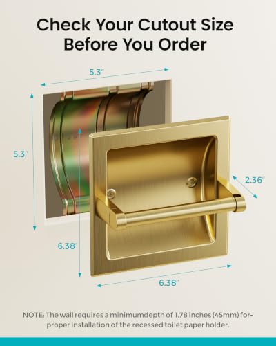 Recessed Toilet Paper Holder Gold, in-Wall, 304 Stainless Steel | Inset Toilet Paper Holder, Spring-Free Pivoting Arm, Space-Saving Flush Mount, Fits Rolls up to 6 in - color: Gold