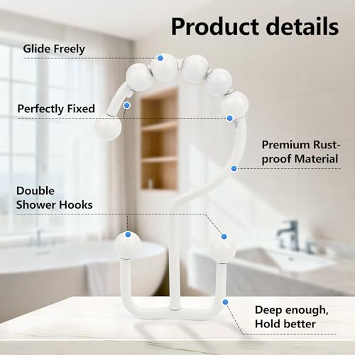 Resze Shower Curtain Hooks, Metal Double Shower Curtain Rings, White | Glide Roller Shower Hooks, Rust-Resistant Anti-Drop Shower Rings, Smooth Sliding Hooks for Bathroom Shower Rods Curtains - color: White