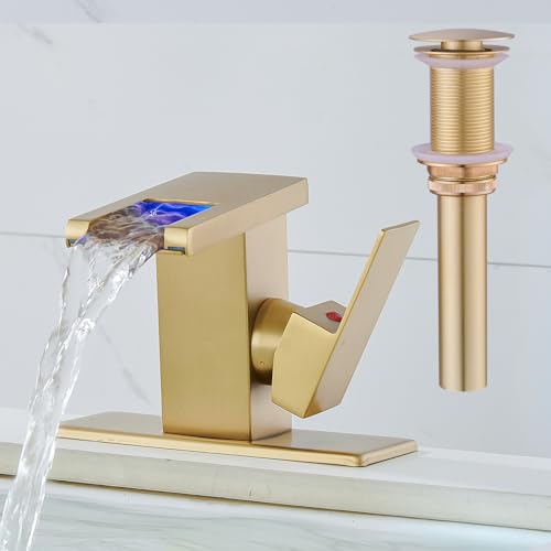 AVSIILE LED Bathroom Sink Faucet, Brushed Gold Waterfall Single Hole Handle Vanity Faucets for Sinks 1 Hole with Metal Pop Up Drain and 2 Water Supply Lines, Side Handle - color: Brushed Gold