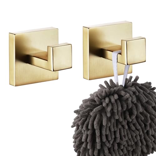 KOKOSIRI Bath Towel Hook Wall Mount Square Robe Hook Coat Hook, Bathroom Kitchen Garage Heavy Duty Wall Mounted, SUS 304 Stainless Steel, Brushed Gold, B1010BG-P2 - color: Brushed Gold, size: 2 Pack