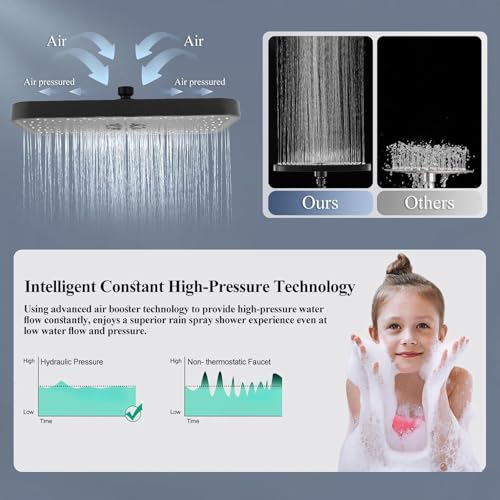 14 Inch Large Shower Head with Handheld Spray Combo and Extention Arm, Rain Rainfall Waterfall High Pressure Shower Heads, Modern Showerhead with 3-Way Diverter - Height/Angle Adjustable(Matte Black) - color: Black, size: 14 Inch