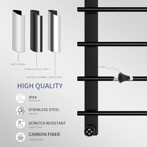 VJASS Electric Heated Towel Warmer with Timer, Wall Mounted Stainless Steel Towel Rack, 4-Bar Fast Heating Towel Drying Rack for Bathroom, Hardwired/Plug-in Options (Matte Black) - color: Matte Black
