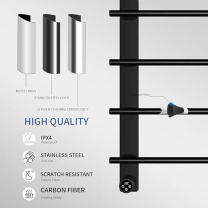 VJASS Electric Heated Towel Warmer with Timer, Wall Mounted Stainless Steel Towel Rack, 4-Bar Fast Heating Towel Drying Rack for Bathroom, Hardwired/Plug-in Options (Matte Black) - color: Matte Black