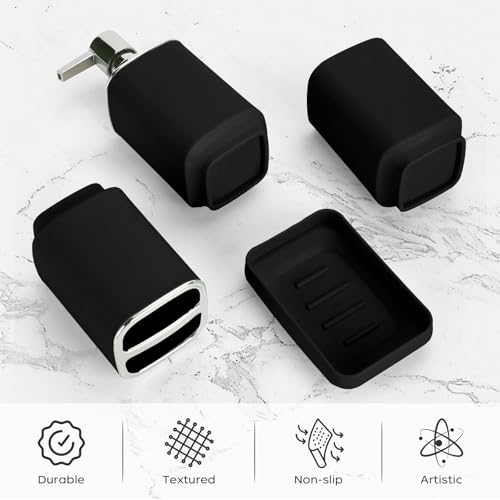 4Pcs Black Bathroom Set, Square Boho Soap & Toothbrush Holder Set | Thick shatterproof ABS, electroplated rust-proof pump, drip-free, multi-slot holder, dustproof lids, easy-clean - color: Black, size: 4PCS