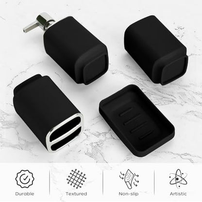 4Pcs Black Bathroom Set, Square Boho Soap & Toothbrush Holder Set | Thick shatterproof ABS, electroplated rust-proof pump, drip-free, multi-slot holder, dustproof lids, easy-clean - color: Black, size: 4PCS