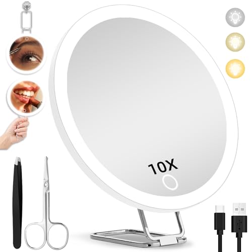 10X Magnifying Mirror with Lights, 6inch Makeup Magnified Mirror 10x Lighted Travel Magnification with 3 Suction Cups and 360° Adjustable Stand - Includes Tweezers & Scissors - color: White-10x
