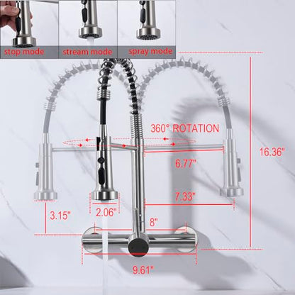 Wall Mount Kitchen Faucet with Pull Out Sprayer, 8 Inch Center Commercial Kitchen Sink Faucet, Spot-Free Stainless Steel, Easy Controlled Cold and Hot Water - color: Style F, Stainless Steel