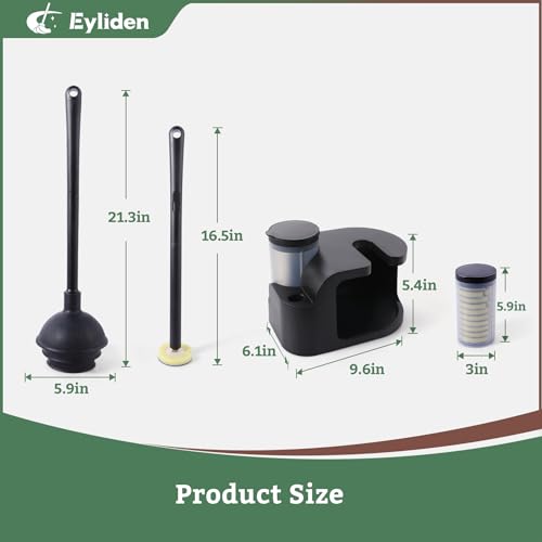 Eyliden Toilet Brush and Plunger Set, Disposable Wand Kit with 10 Refills | Pre-Soaked Concentrated Cleaner Sponge, Touch-Free, 2-in-1 Compact Holder, Powerful Suction Cup, Bathroom Cleaning System - color: Black