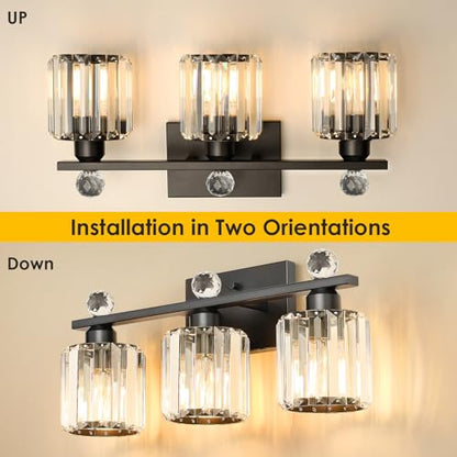 3-Light Black Modern K9 Crystal Vanity Lights, Black Bathroom Light Fixtures Stainless Steel Crystal Vanity Light Fixture | Black Bathroom Light Fixtures Stainless Steel Crystal Vanity Light Fixture - color: Black, size: Linear-3-Light