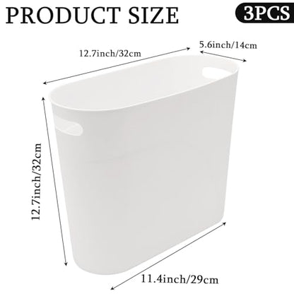 3 Pack Narrow Office Trash Can 3.2 Gallon Slim Waste Basket, Plastic Bathroom Wastebasket Slim Garbage Can Container Bin with Handle for Narrow Spaces Bathroom Bedroom Kitchen Office at Home, White - color: White