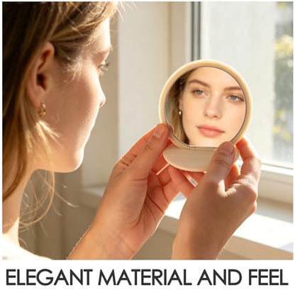 4pcs 2.76 Inch Mini Folding Mirror - Round PU Leather Vanity Desktop Standing Mirror with Frame for Home Countertop Travel Makeup Use Beige, Black