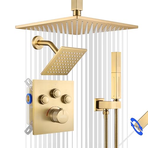Thermostatic Shower System Brushed Gold, Push Button Diverter Shower Faucet with 2 in 1 Handheld, Ceiling Mount 12 Inch Shower Head with 6 Inch Wall Mount Shower Head - color: Brushed Gold, style: 12 Inch