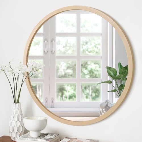 JJUUYOU Large Round Mirrors for Wall Circular Mirror for Bathroom 24 Inc Wood Framed Round Mirror for Bathroom Make up Mirror for Living Room Wall Mounted Bedroom Dorm - color: Bling Gold, size: 24"L x 24"W