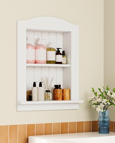 Recessed Wall Niche, 2-Tier Recessed Medicine Cabinet, Bathroom Cabinet Wall Mount, Bamboo Medicine Organizer, Wall Storage Cabinet, for Bathroom, Living Room, Kitchen, White - size: 17.6"L x 2.1"W x 21.8"H