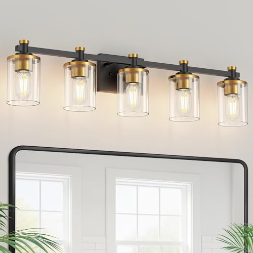 Bathroom Light Fixture, Bathroom Vanity Light Over Mirror, 5-Lights | Vanity Lights for Bathroom, Modern Lighting Fixtures with Clear Glass Shade, Black and Gold Vanity Lights, ETL Listed - color: Gold and Black, size: 5-Lights