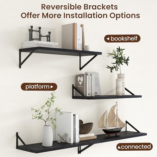 Deep Floating Shelves - 30 Inch Black Floating Shelves Set of 2-12 Inch Deep Wood Wall Shelves for Living Room Bathroom Kitchen - color: Black, size: 30W x 12D