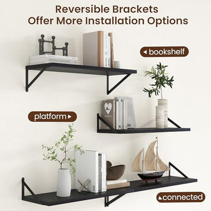 Deep Floating Shelves - 30 Inch Black Floating Shelves Set of 2-12 Inch Deep Wood Wall Shelves for Living Room Bathroom Kitchen - color: Black, size: 30W x 12D