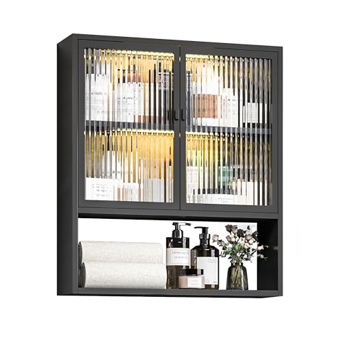 Bathroom Wall Cabinet, Metal Bathroom Wall Cabinet with Glass Doors and Lights, Black Storage Cabinet, Over The Toilet Cabinet, Medicine Cabinets Home - color: Black, size: Half-glass wall cabinet