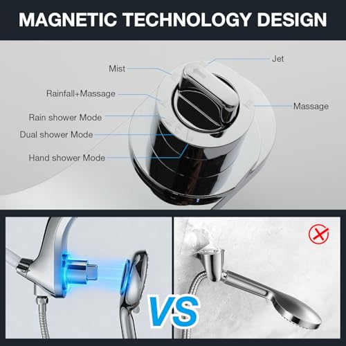 High Pressure Rain Shower Head with Handheld Spray Combo Fixed Showerhead Dual Shower Head Set 10 Sprays Detachable Hand Held Showerheads Built-in Magnetic System Chrome Polished - color: Chrome Polished