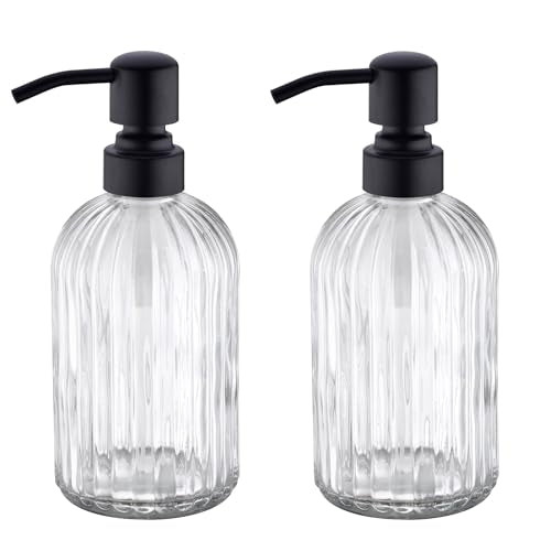 Matte Black Dish Kitchen Soap Dispenser, Bathroom Liquid Soap Dispenser with Rustproof Stainless Steel Pump, 16 Oz Glass Bottle,2 Packs - color: Matte Black +Clear, size: 2-Pack
