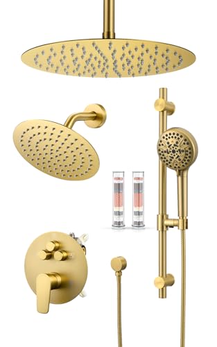Woindo Shower Faucet Set with Slide Bar, 12" Rain Shower Head/8'' Side Shower Head and 10 Setting Handheld Ceiling Mount 3 Push Button Diverter Complete Rainfall Shower System Included Valve Trim Kit - color: Brushed Gold, style: 12"-R-Ceiling-02