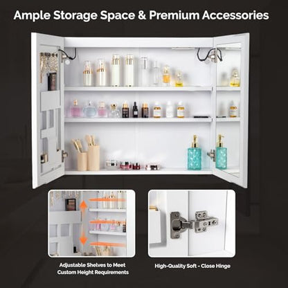 VINGLI Lighted Medicine Cabinet with Mirror Bathroom Mirror Medicine Cabinet Wall Mounted with Storage LED Lights Charging Station Defogger Modern Bathroom Mirrors for over Sink with Storage (32"*28") - size: 5.9"D x 31.5"W x 27.58"H