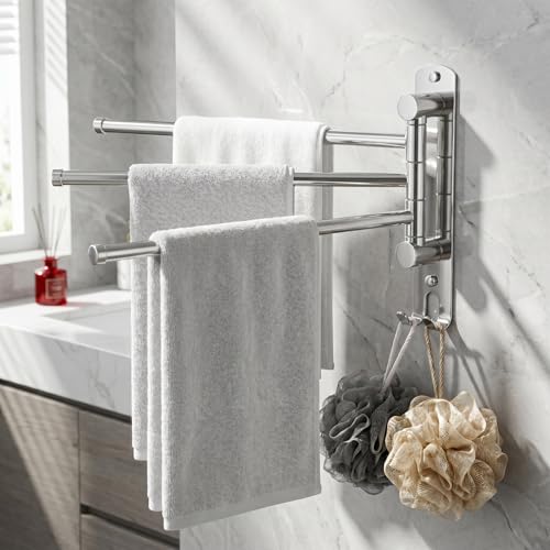 Swivel Towel Rack Wall Mounted, 1/2/3/4-Bar Options, 12.8" Long Arm SUS304 Stainless Steel, No Drill Adhesive 180° Rotating, Heavy Duty Rustproof Towel Bar for Bathroom Kitchen (Holds 30 lbs) - color: 3-bar