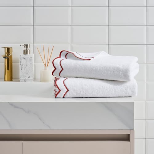 Peri Home 2 Piece Cotton Bath Towel Set, Embroidered, White, Red Scallop - color: White With Chili Red Scallop, size: 2 Bath Towel