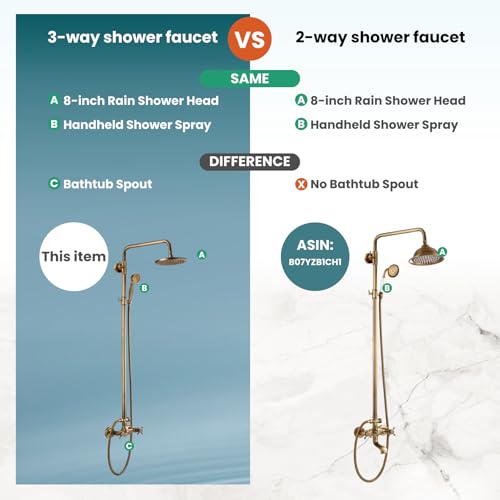 gotonovo Exposed Shower System with Spout,Antique Brass,No Shower Shelf | Brass Shower Faucet Set,8’’ Rain Head with Handheld Spray,Swivel Tub Spout,2 Cross Handle,6’’ Hole Distance,Adjustable Height - color: Antique Gold