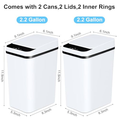 Anborry Bathroom Trash Cans with Lid 2 Pack 2.2 Gallon Touchless Automatic Motion Sensor Small Slim Garbage Can, Smart Electric Narrow Garbage Bin for Bedroom Office Kitchen (White) - color: 2 Pack 2.2 Gallon & 2.2 Gallon White