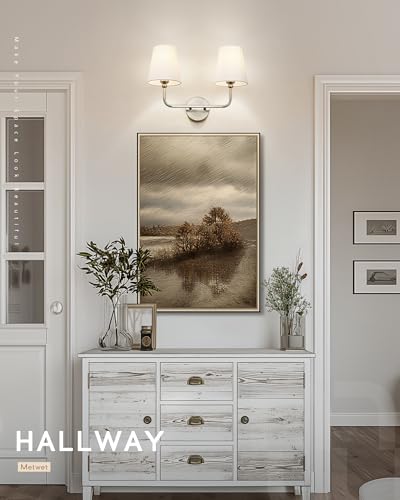 2-Light Brushed Nickel Bathroom Vanity Light, White Fabric Shades | 17" double wall sconce, upward only, E26 base, hardwired, bulbs not included, VL837-BN-2 - color: Brushed Nickel, size: 2-light