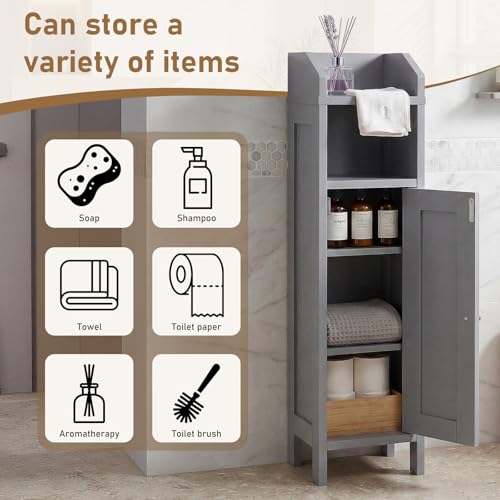 Karl home Grey Corner Storage Cabinet, Slim Freestanding Bathroom Organizer | Slim Single Door Freestanding Cabinet with Adjustable Shelves, Space Saving Toilet Storage for Small Bathroom Spaces