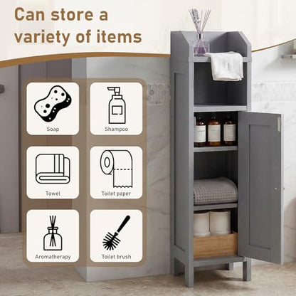 Karl home Grey Corner Storage Cabinet, Slim Freestanding Bathroom Organizer | Slim Single Door Freestanding Cabinet with Adjustable Shelves, Space Saving Toilet Storage for Small Bathroom Spaces